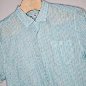 Tommy Bahama Men's Button-Up Shirt Striped Linen Tencel‎ Hawaiian Blue Size XL